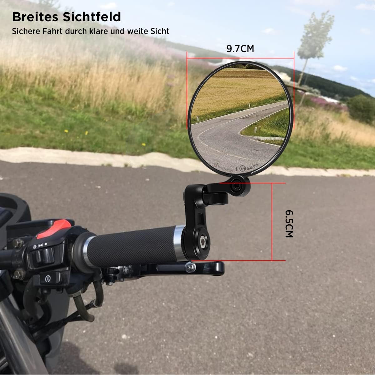 E9-zertifizierter Motorrad Lenkerspiegel - 360° Drehung - Für Honda, Yamaha, Kawasaki und mehr.