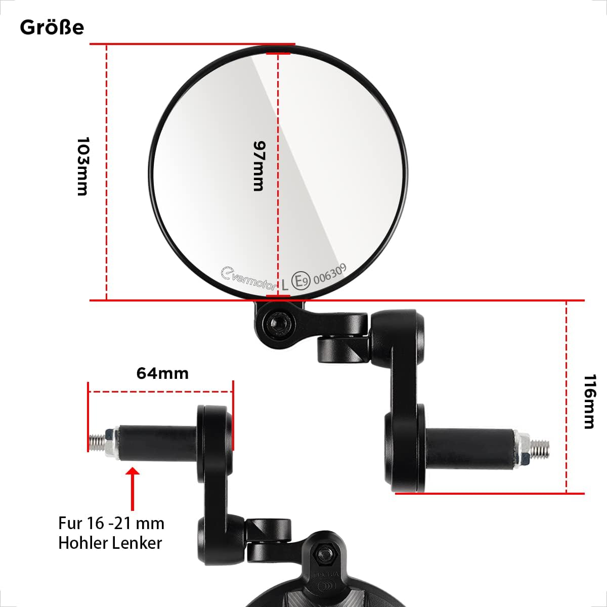 E9-zertifizierter Motorrad Lenkerspiegel - 360° Drehung - Für Honda, Yamaha, Kawasaki und mehr.