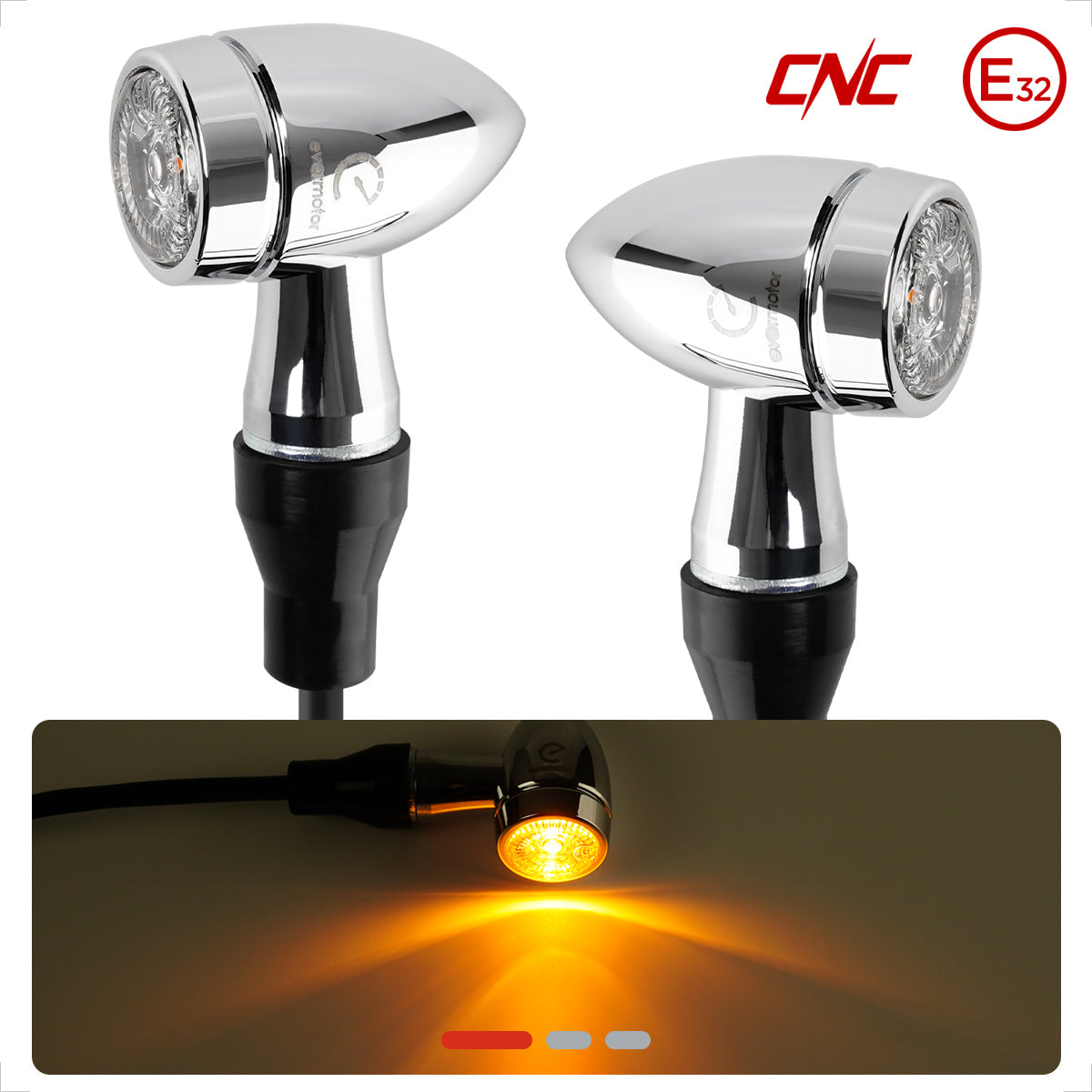 evermotor Chrom Motorrad Blinker LED Bullet, 2/4 Stück, E-geprüft E32, CNC-Aluminium, 12V – Varianten: Amber, Amber&Rot 3in1 (Blinker+Rücklicht+Bremslicht), Amber&Weiß 2in1