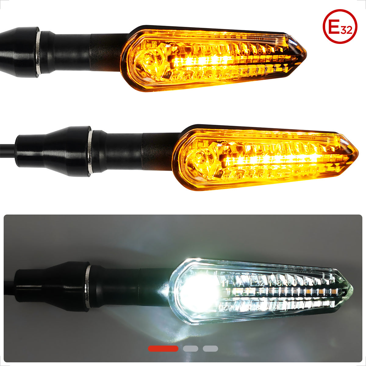 evermotor LED Blinker Motorrad e-geprüft, 12V, 2x bernsteinfarbenes Blinklicht & weißes Positionslicht + 2x bernsteinfarbenes Blinklicht & rotes Rücklicht, M8-Gewindebolzen