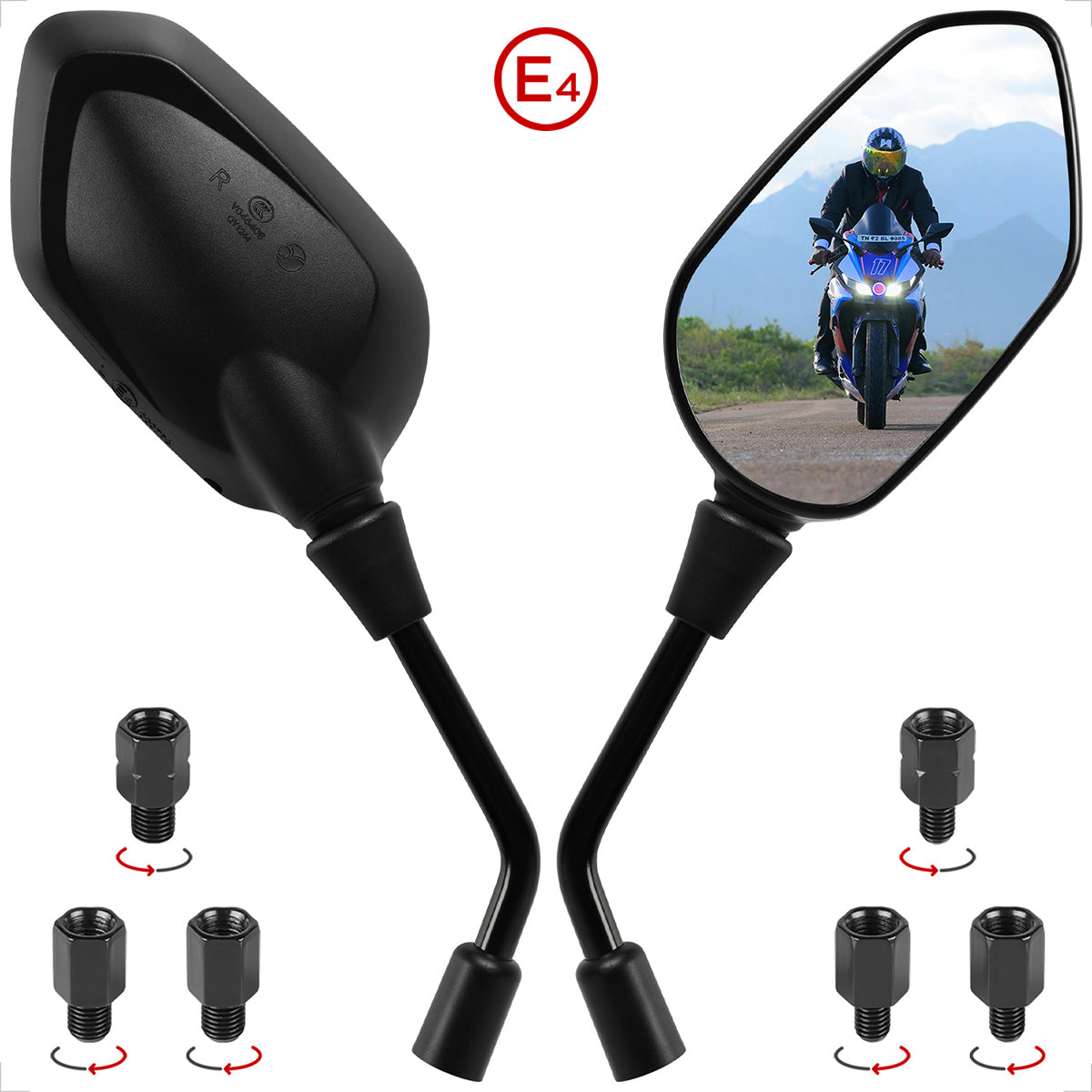 Evermotor Universal Motorrad Spiegel E-geprüft, 360°Drehbarer Motorrad Rückspiegel Set M8 M10, Motorradspiegel Kompatibel mit Scooter, Roller, ATV, Moped(2 Stück)