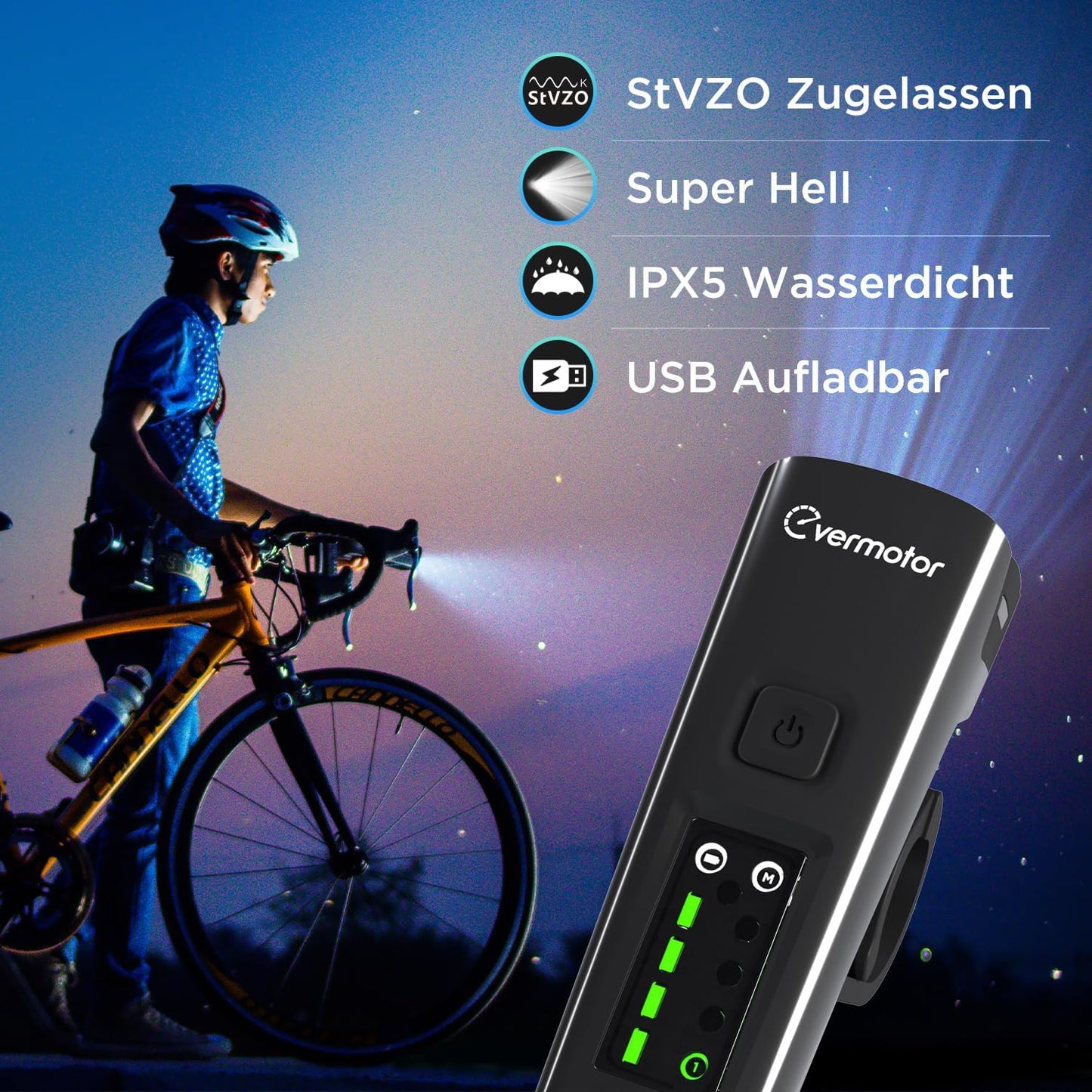 Evermotor LED Fahrradlicht Set, StVZO-Zugelassen Fahrradlampe Licht + Rücklicht Fahrrad, USB C Aufladbar Fahrradbeleuchtung Zubehör, Lange Laufzeit Mountainbike Lichter Kit für Kinder und Erwachsene