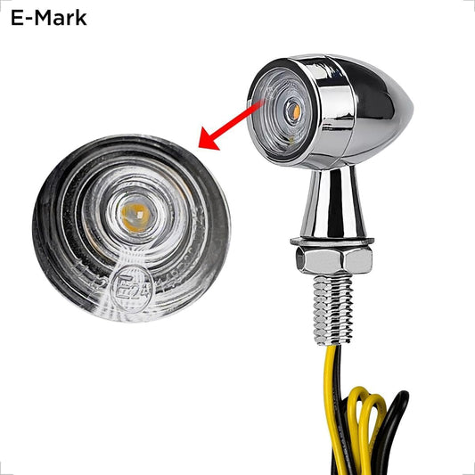 evermotor Universal 12V E24 Mini Motorrad LED Blinker Bullet Zinklegierung im Feinguss IP67 Wasserdicht E geprüft (4 Stück Silber)