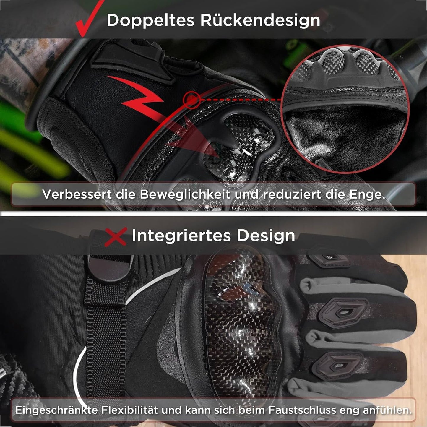 Evermotor Motorradhandschuhe aus Ziegenleder für Herren und Damen - Winter Leder Motorrad Handschuhe mit Touchscreen-Funktion und Carbon-Knöchelschutz, ideal für Moped MTB Radfahren Straßenrennen