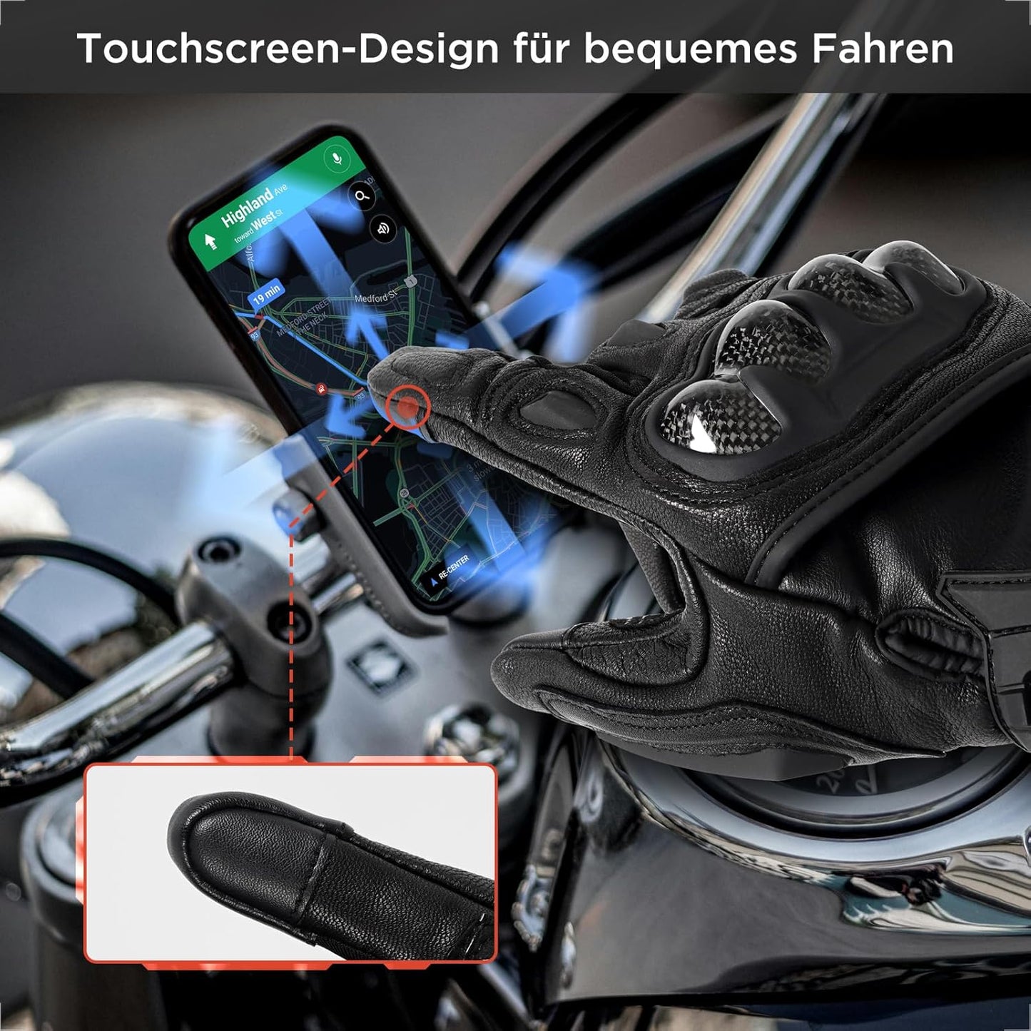 Evermotor Motorradhandschuhe aus Ziegenleder für Herren und Damen - Winter Leder Motorrad Handschuhe mit Touchscreen-Funktion und Carbon-Knöchelschutz, ideal für Moped MTB Radfahren Straßenrennen
