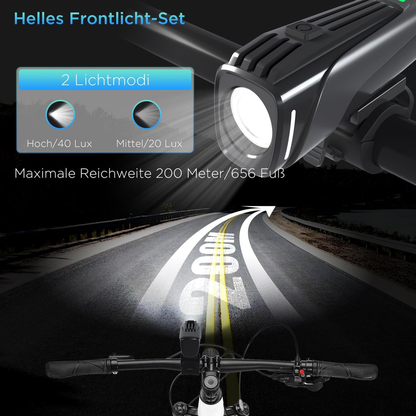 Evermotor LED Fahrradlicht Set, StVZO-Zugelassen Fahrradlampe Licht + Rücklicht Fahrrad, USB C Aufladbar Fahrradbeleuchtung Zubehör, Lange Laufzeit Mountainbike Lichter Kit für Kinder und Erwachsene
