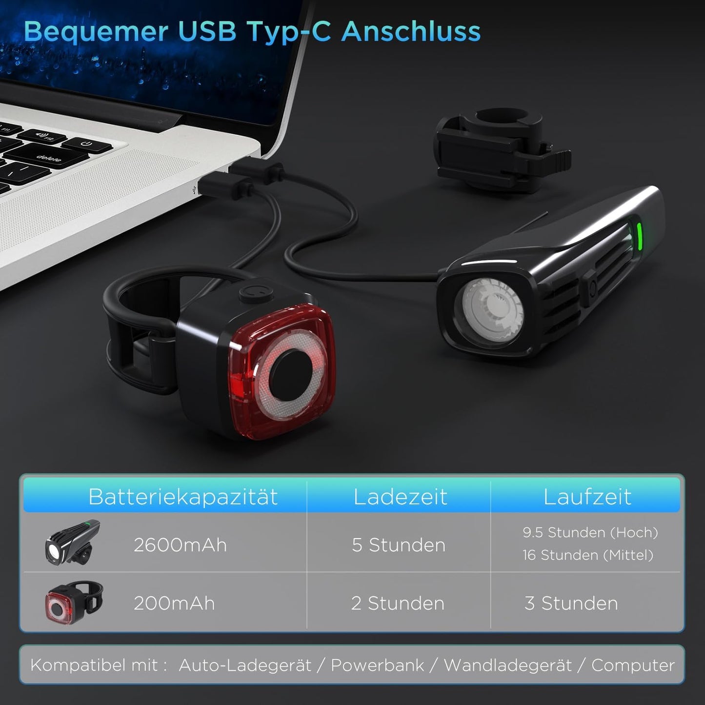 Evermotor LED Fahrradlicht Set, StVZO-Zugelassen Fahrradlampe Licht + Rücklicht Fahrrad, USB C Aufladbar Fahrradbeleuchtung Zubehör, Lange Laufzeit Mountainbike Lichter Kit für Kinder und Erwachsene
