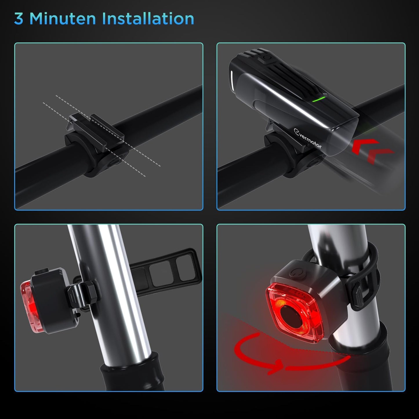 Evermotor LED Fahrradlicht Set, StVZO-Zugelassen Fahrradlampe Licht + Rücklicht Fahrrad, USB C Aufladbar Fahrradbeleuchtung Zubehör, Lange Laufzeit Mountainbike Lichter Kit für Kinder und Erwachsene