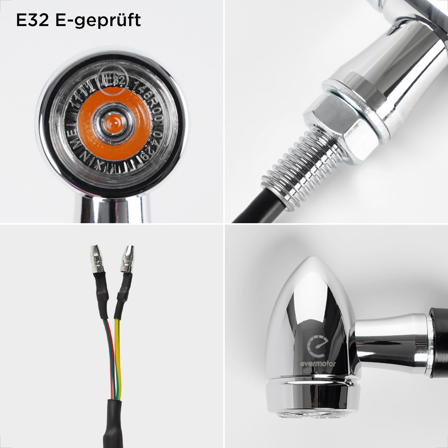 evermotor Chrom Motorrad Blinker LED Bullet, 2/4 Stück, E-geprüft E32, CNC-Aluminium, 12V – Varianten: Amber, Amber&Rot 3in1 (Blinker+Rücklicht+Bremslicht), Amber&Weiß 2in1