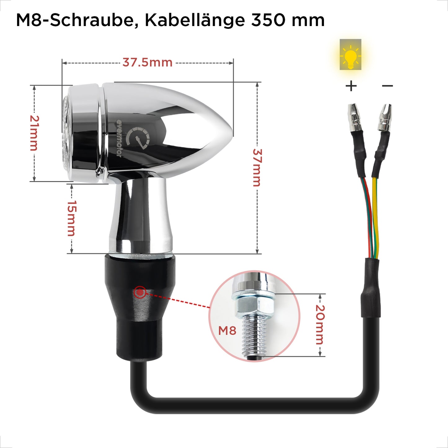 evermotor Chrom Motorrad Blinker LED Bullet, 2/4 Stück, E-geprüft E32, CNC-Aluminium, 12V – Varianten: Amber, Amber&Rot 3in1 (Blinker+Rücklicht+Bremslicht), Amber&Weiß 2in1