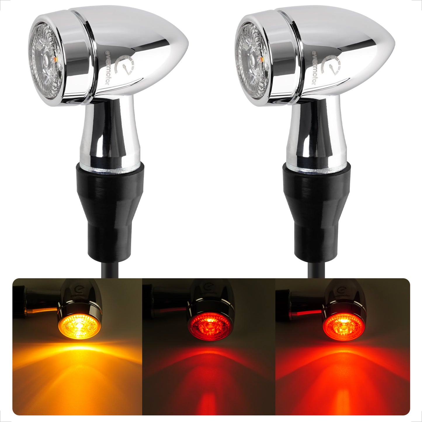 evermotor Chrom Motorrad Blinker LED Bullet, 2/4 Stück, E-geprüft E32, CNC-Aluminium, 12V – Varianten: Amber, Amber&Rot 3in1 (Blinker+Rücklicht+Bremslicht), Amber&Weiß 2in1
