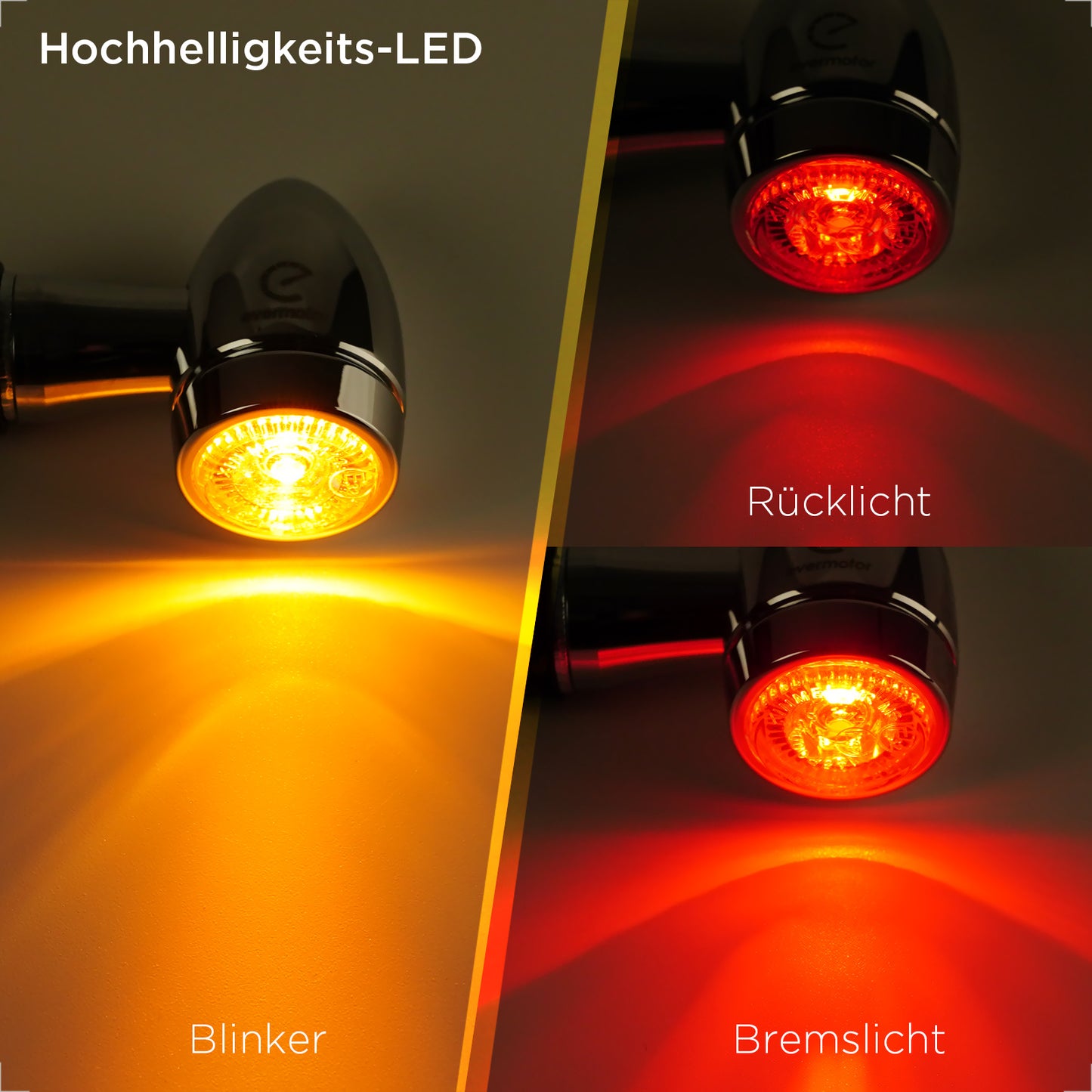evermotor Chrom Motorrad Blinker LED Bullet, 2/4 Stück, E-geprüft E32, CNC-Aluminium, 12V – Varianten: Amber, Amber&Rot 3in1 (Blinker+Rücklicht+Bremslicht), Amber&Weiß 2in1