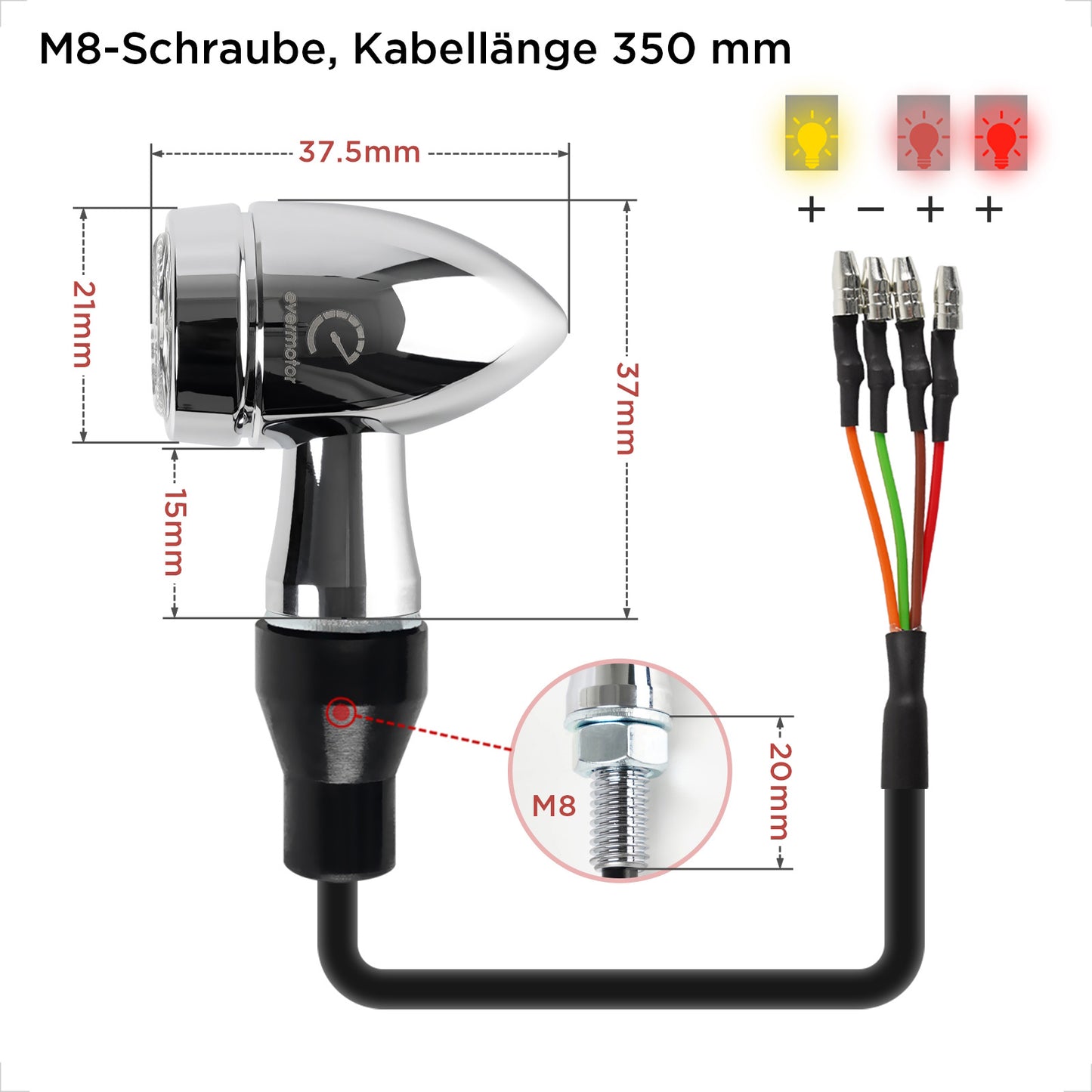 evermotor Chrom Motorrad Blinker LED Bullet, 2/4 Stück, E-geprüft E32, CNC-Aluminium, 12V – Varianten: Amber, Amber&Rot 3in1 (Blinker+Rücklicht+Bremslicht), Amber&Weiß 2in1