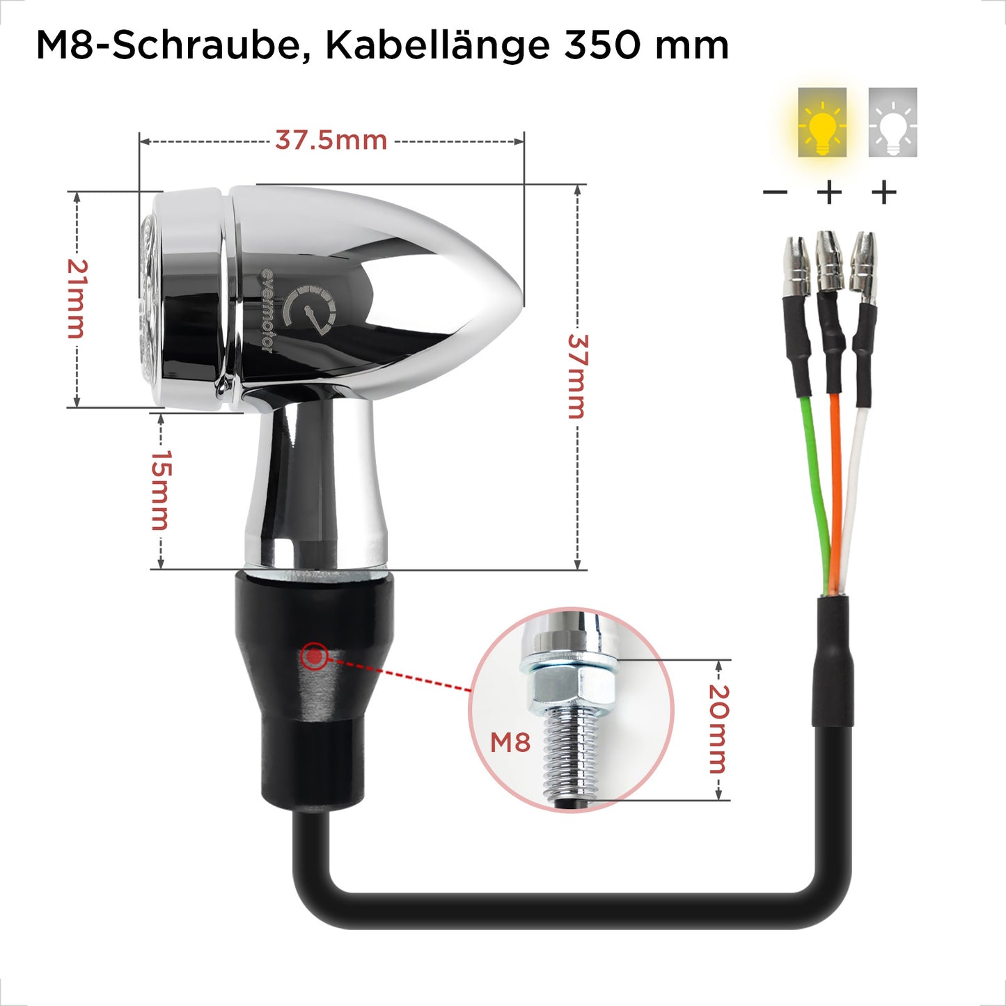 evermotor Chrom Motorrad Blinker LED Bullet, 2/4 Stück, E-geprüft E32, CNC-Aluminium, 12V – Varianten: Amber, Amber&Rot 3in1 (Blinker+Rücklicht+Bremslicht), Amber&Weiß 2in1