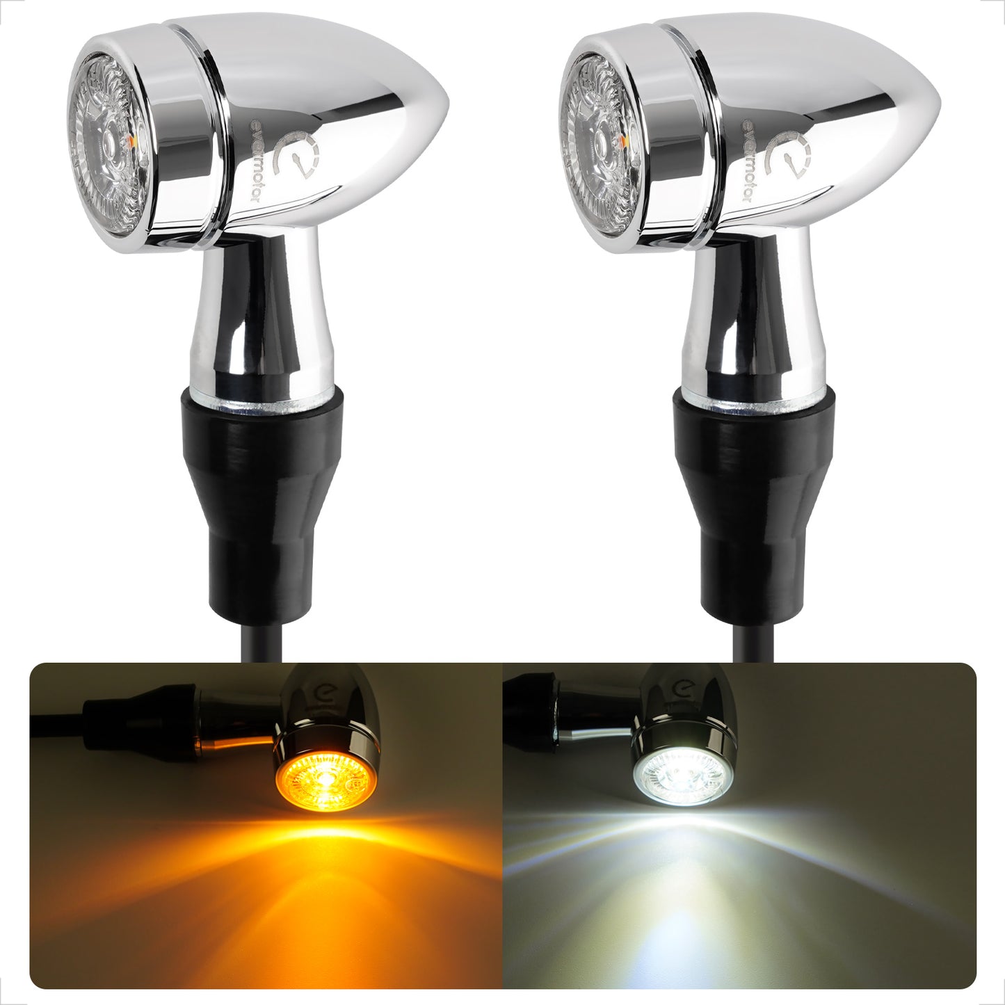 evermotor Chrom Motorrad Blinker LED Bullet, 2/4 Stück, E-geprüft E32, CNC-Aluminium, 12V – Varianten: Amber, Amber&Rot 3in1 (Blinker+Rücklicht+Bremslicht), Amber&Weiß 2in1