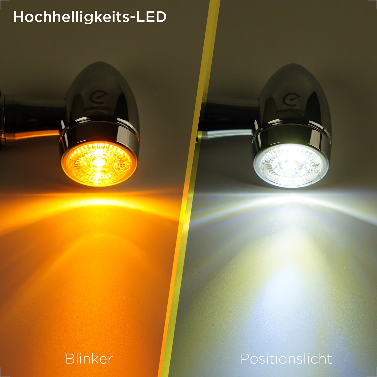 evermotor Chrom Motorrad Blinker LED Bullet, 2/4 Stück, E-geprüft E32, CNC-Aluminium, 12V – Varianten: Amber, Amber&Rot 3in1 (Blinker+Rücklicht+Bremslicht), Amber&Weiß 2in1