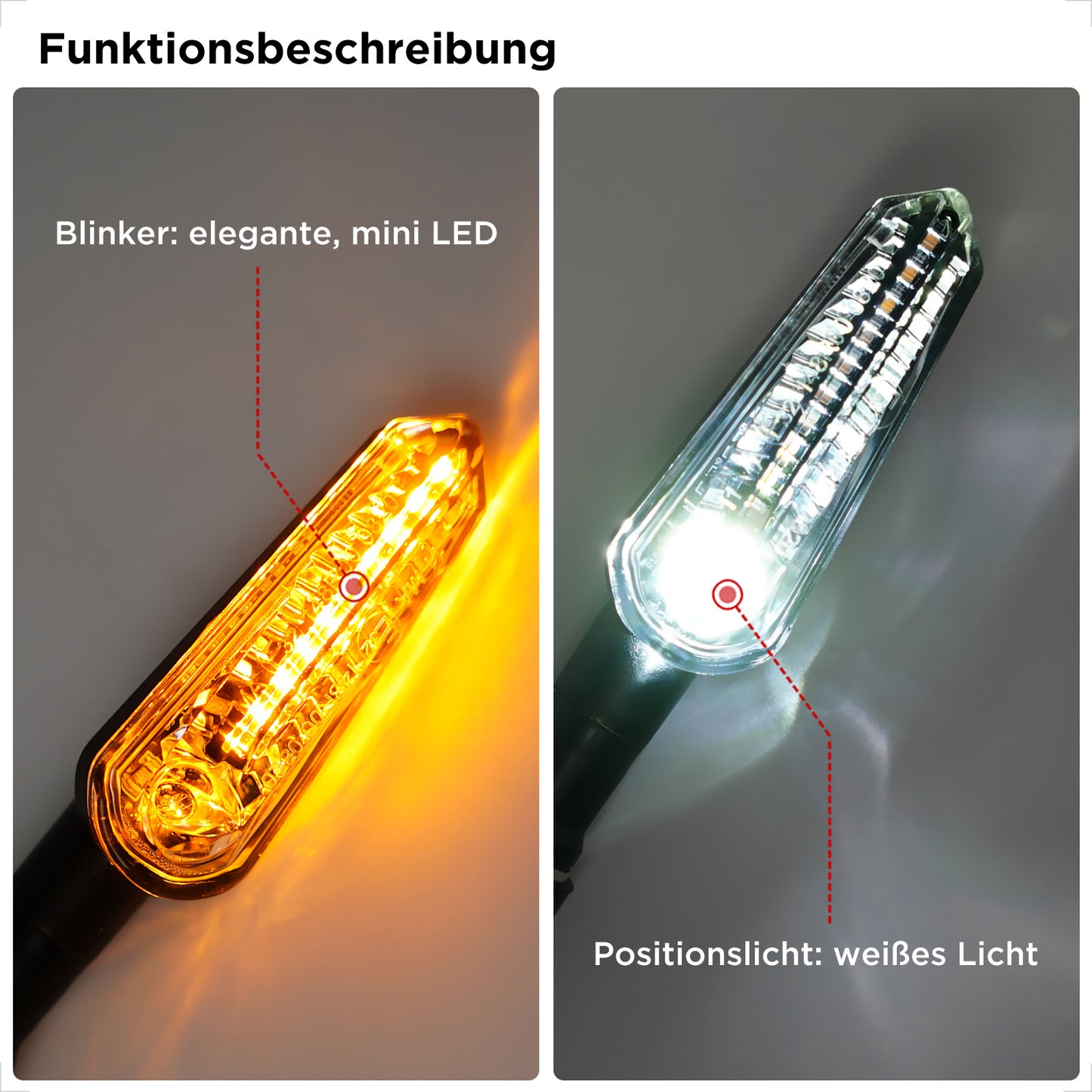 evermotor LED Blinker Motorrad e-geprüft, 12V, 2x bernsteinfarbenes Blinklicht & weißes Positionslicht + 2x bernsteinfarbenes Blinklicht & rotes Rücklicht, M8-Gewindebolzen
