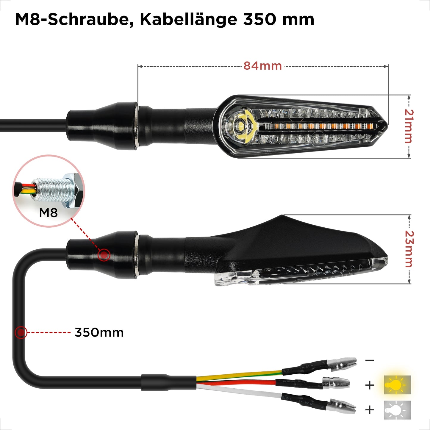 evermotor LED Blinker Motorrad e-geprüft, 12V, 2x bernsteinfarbenes Blinklicht & weißes Positionslicht + 2x bernsteinfarbenes Blinklicht & rotes Rücklicht, M8-Gewindebolzen