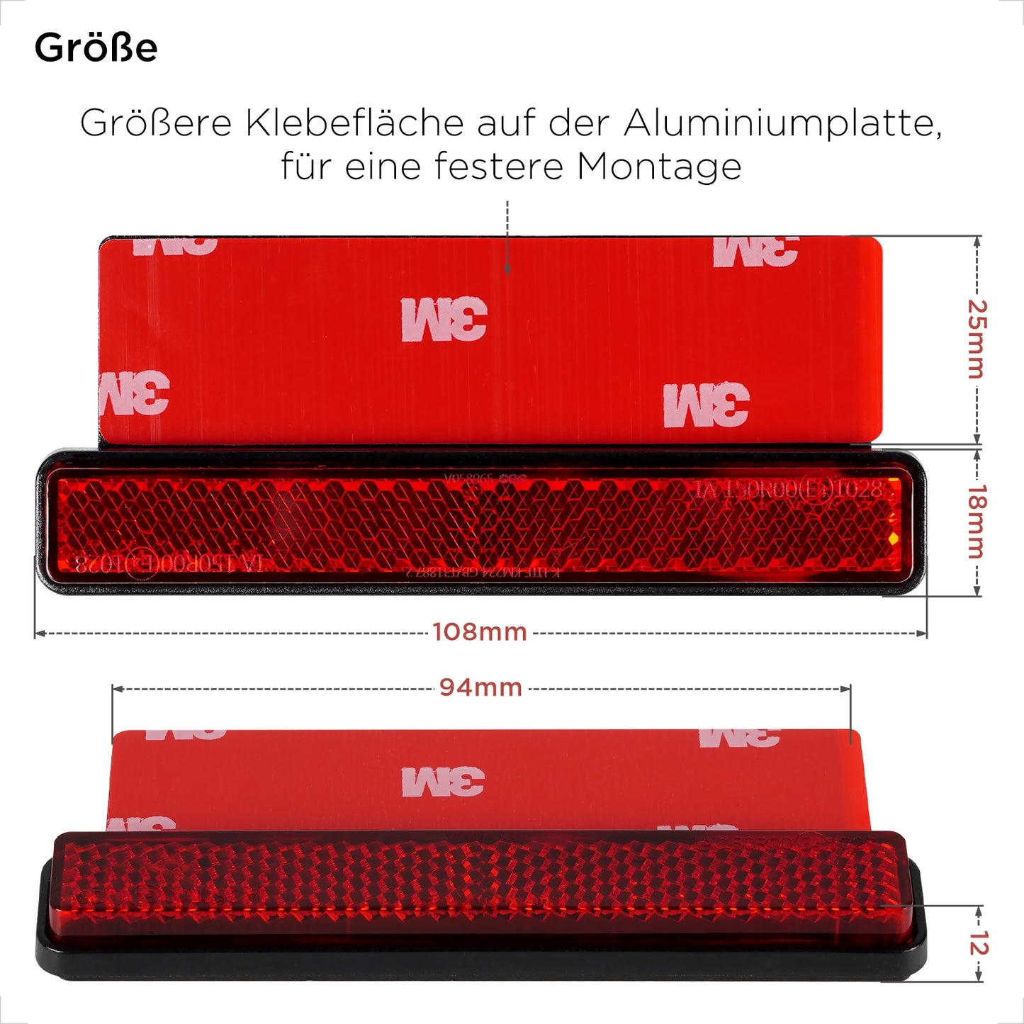 E4 Reflektor Mini rot, Aluminium Montageplatte Kennzeichen 108mm