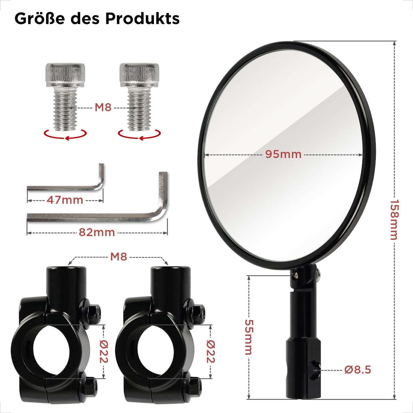 Evermotor Lenkerendenspiegel, E-geprüft, 360°Drehbar Motorrad Spiegel, CNC-gefrästem Aluminium, 7/8" 22mm Runde MotorradSpiegel kompatibal mit Scooter, Roller, ATV, Moped (2 Stück)
