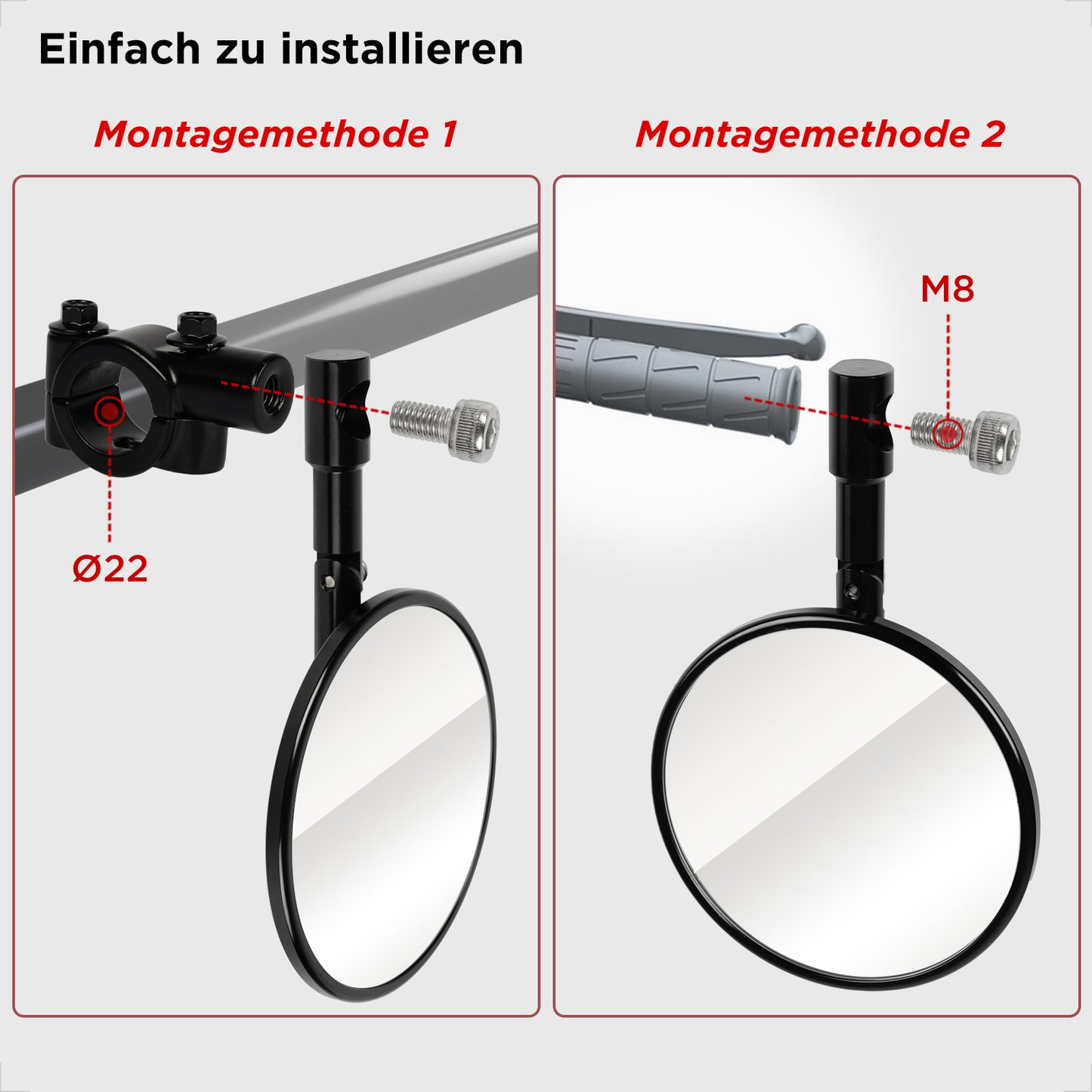 Evermotor Lenkerendenspiegel, E-geprüft, 360°Drehbar Motorrad Spiegel, CNC-gefrästem Aluminium, 7/8" 22mm Runde MotorradSpiegel kompatibal mit Scooter, Roller, ATV, Moped (2 Stück)