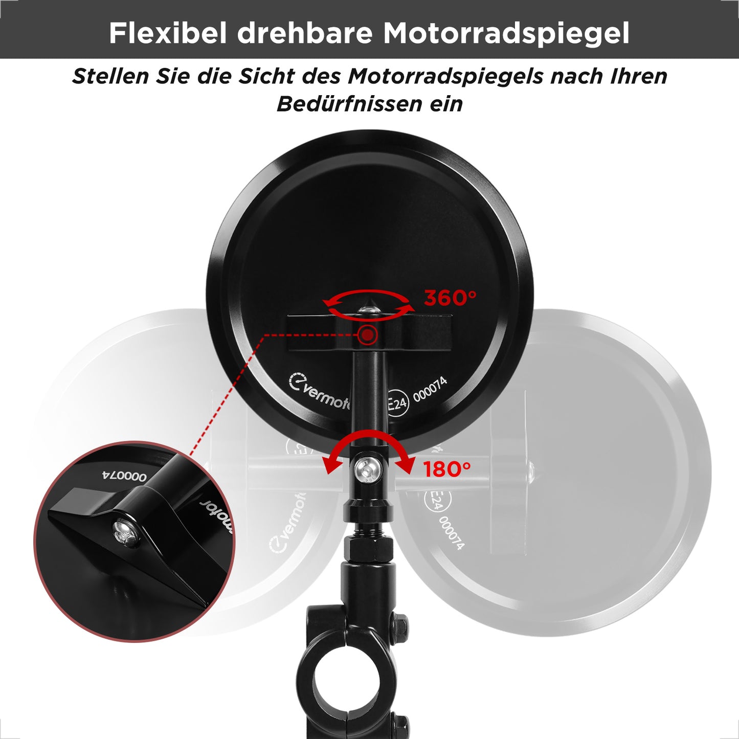 evermotor Motorcycle Mirror, E24 Rear View Mirror, Diameter 95 mm - 360° CNC Aluminium Handlebar End Mirror, Left or Right Mountable, for Diameter 22 mm Handlebars, Pack of 1/Pack of 2