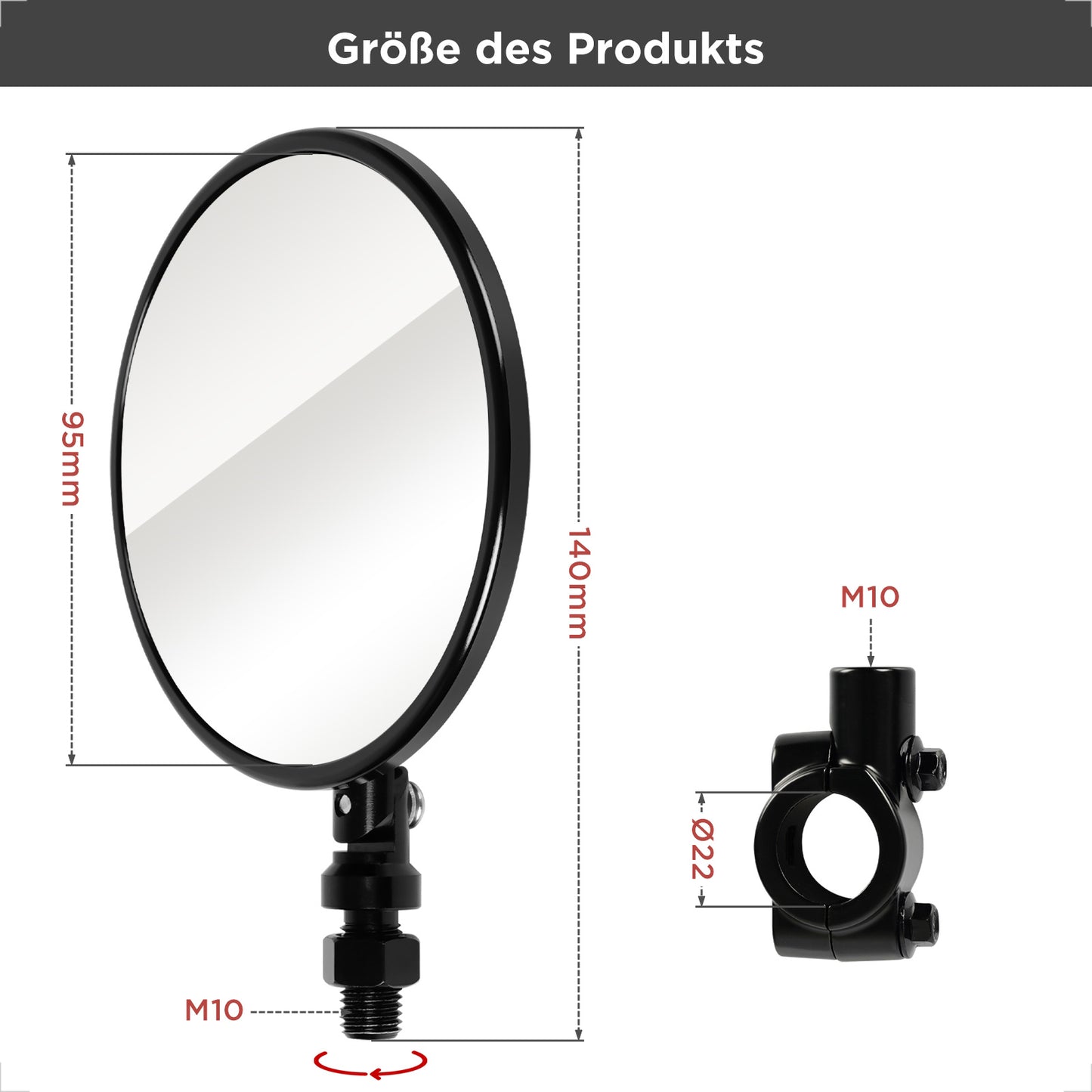 evermotor Motorcycle Mirror, E24 Rear View Mirror, Diameter 95 mm - 360° CNC Aluminium Handlebar End Mirror, Left or Right Mountable, for Diameter 22 mm Handlebars, Pack of 1/Pack of 2