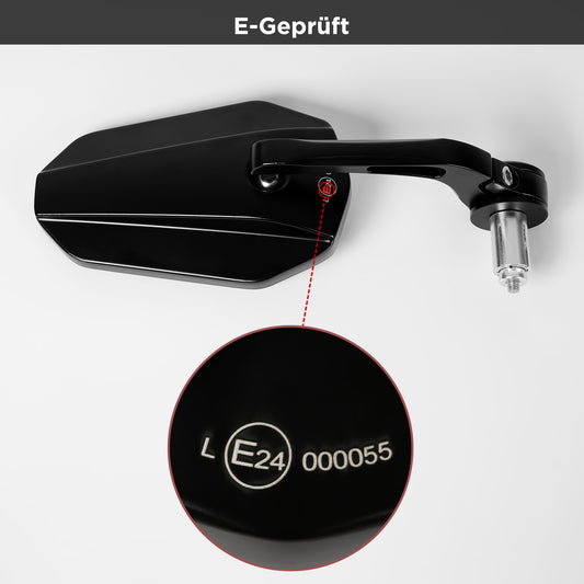 E24 Lenkerendenspiegel Motorrad 22mm, CNC Aluminium 360° drehbar