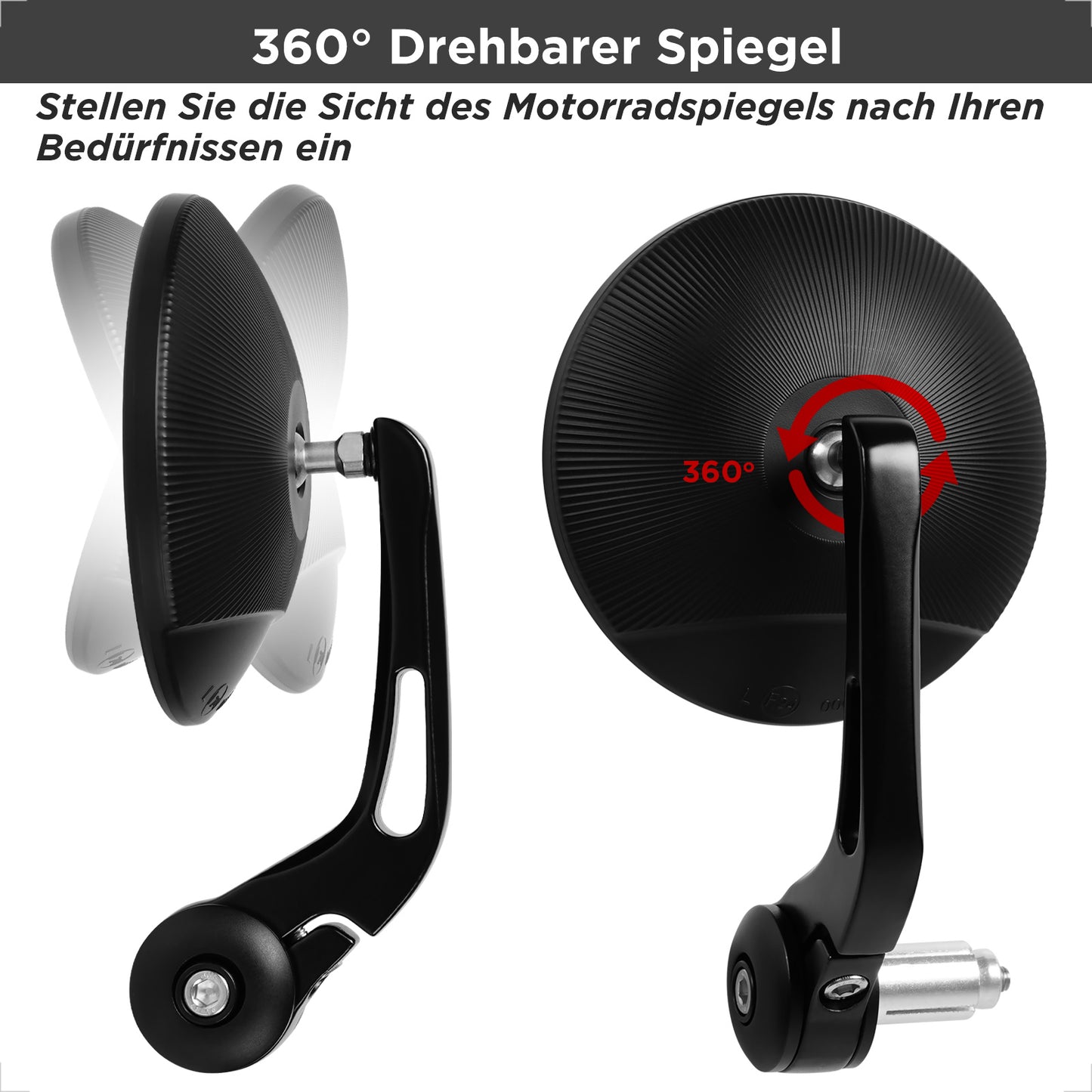 evermotor Lenkerendenspiegel E geprüft, 360° Motorrad Spiegel, 102mm Runde Lenkerendenspiegel, für Quad Roller ATV Moped Scooter, Schwarz, 2 Stück