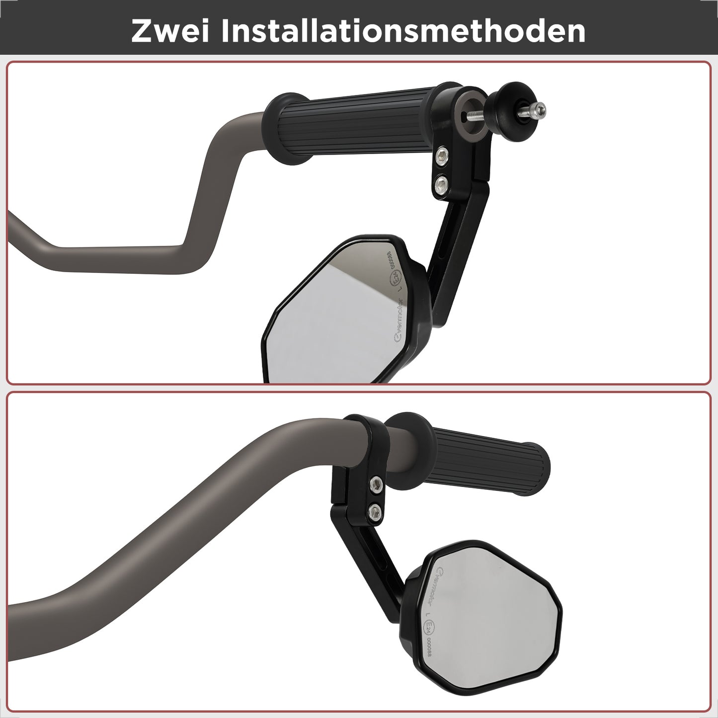 evermotor Motorcycle Rear View Mirror, E-Approved, 360° Rotatable, Handlebar End Mirror for 22 mm and 25.4 mm Handlebars, Universal, Black