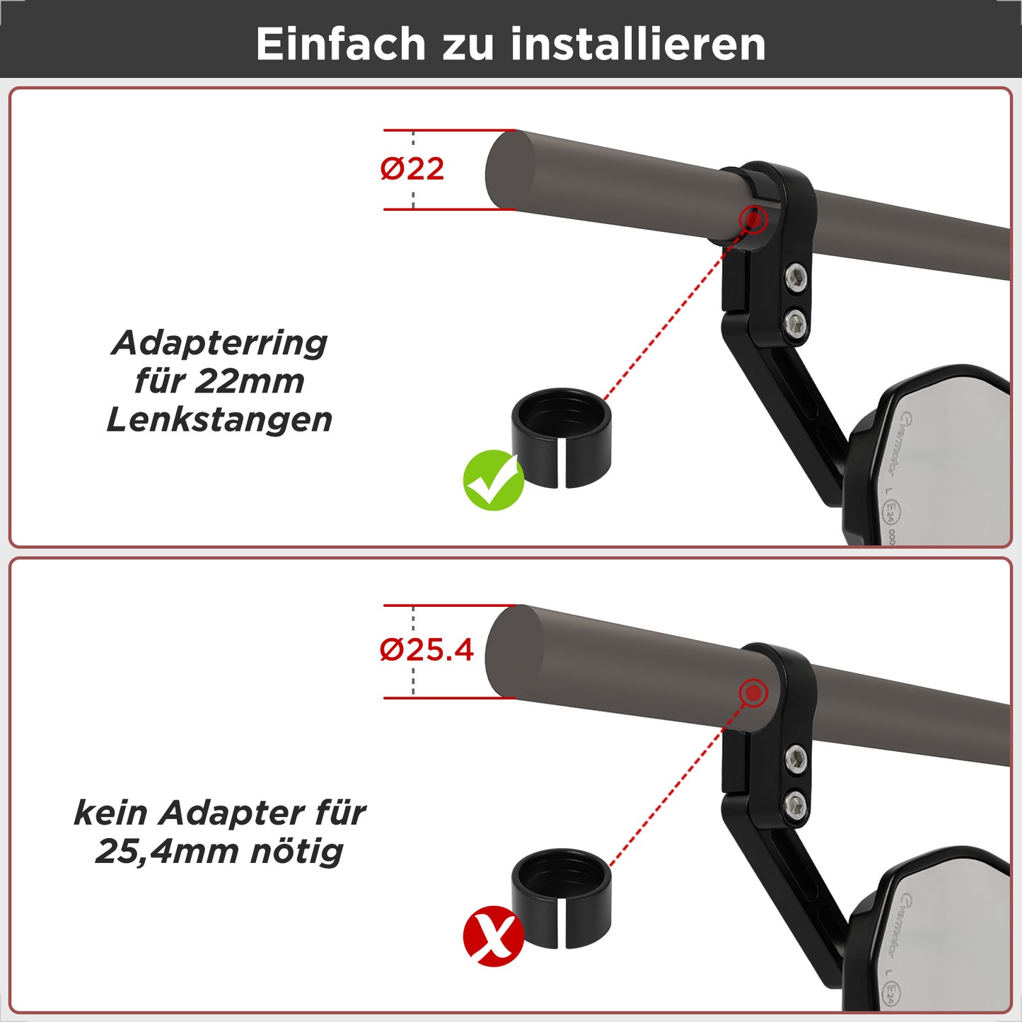 evermotor Motorcycle Rear View Mirror, E-Approved, 360° Rotatable, Handlebar End Mirror for 22 mm and 25.4 mm Handlebars, Universal, Black