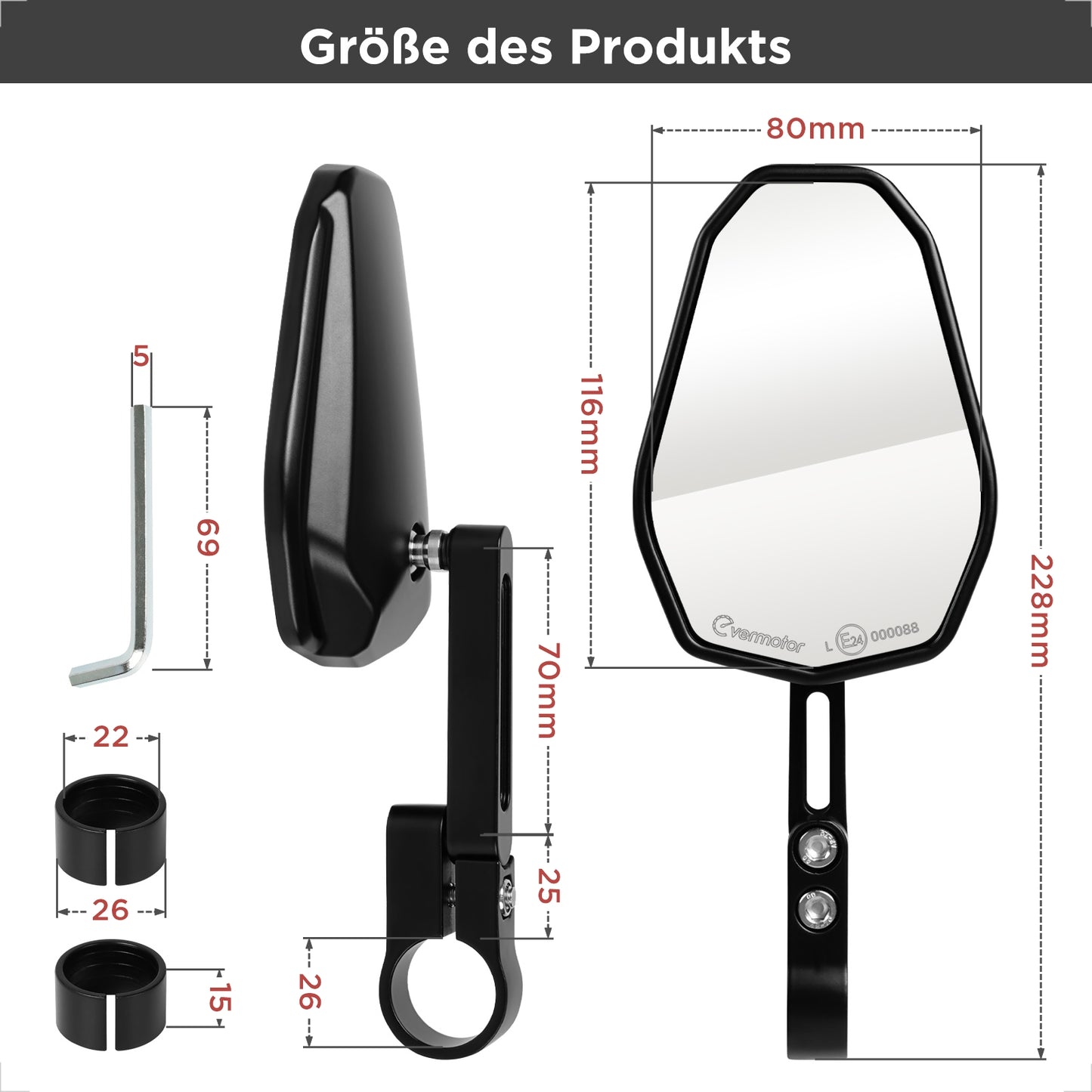 evermotor Motorcycle Rear View Mirror, E-Approved, 360° Rotatable, Handlebar End Mirror for 22 mm and 25.4 mm Handlebars, Universal, Black