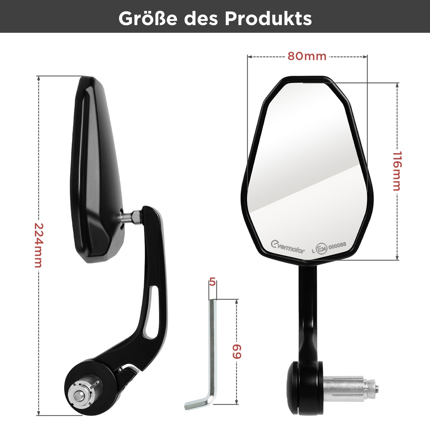 evermotor Universal Motorradspiegel, E24 Motorrad Rückspiegel, Lenkerendenspiegel, für Quad Roller ATV Moped Scooter, 2 Stück