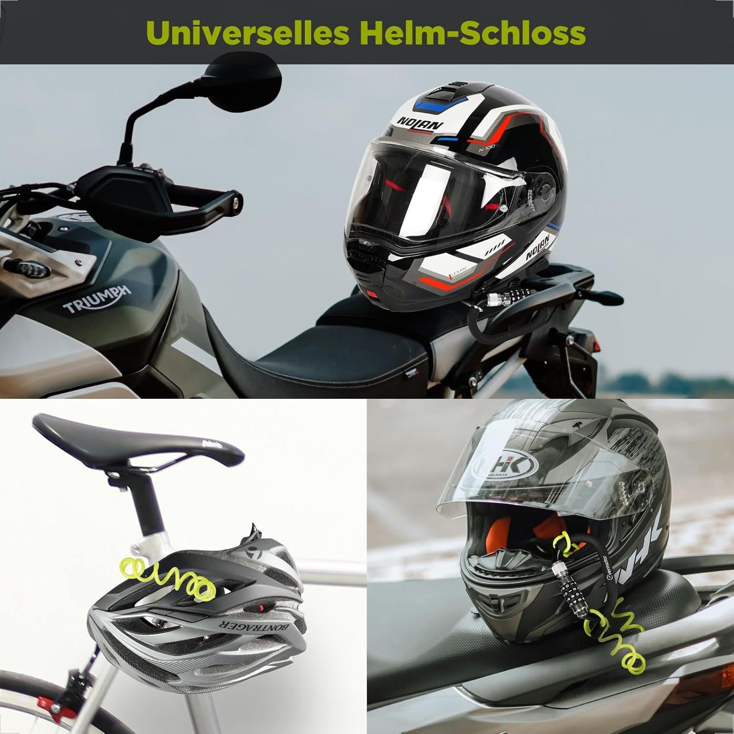 Evermotor Helmschloss Motorrad, Kabelschloss mit Sicherheitscode + Flexibles Stahlkabel + T-Adapter, für Motorradhelm, Fahrradhelm, Kinderwagen und Snowboard