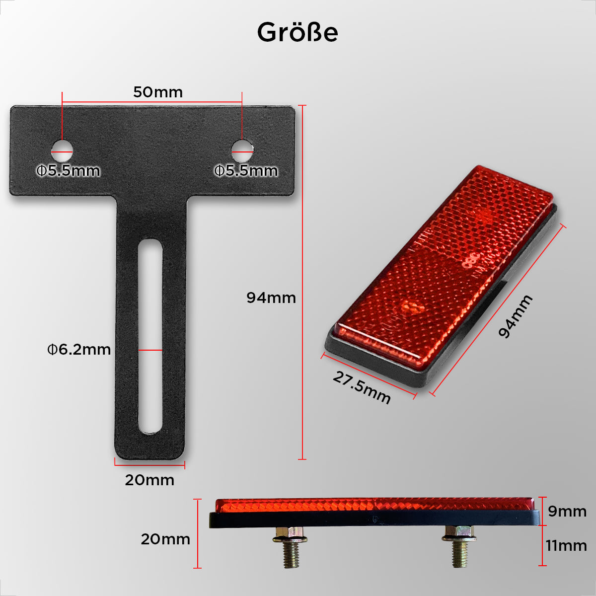 Evermotor E4 Standard Rechteck-Reflektor + T-förmige Halterung rot