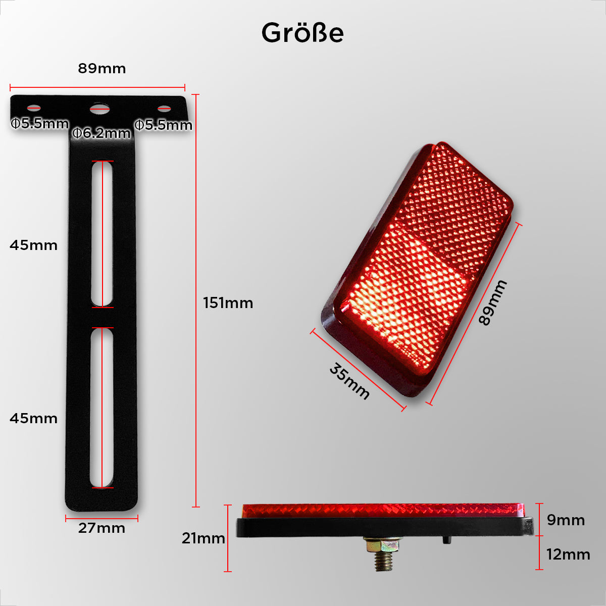 Evermotor E4 Standard Rechteck-Reflektor + T-förmige Halterung rot