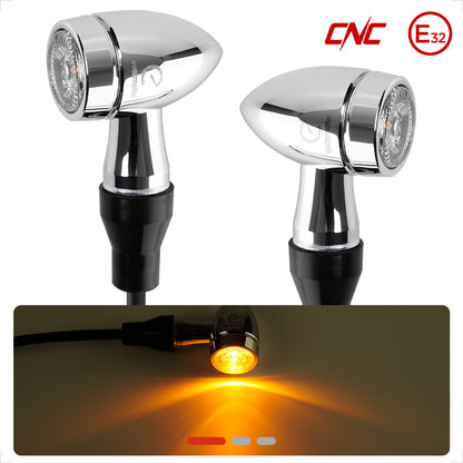 evermotor Chrom Motorrad Blinker LED Bullet, 2/4 Stück, E-geprüft E32, CNC-Aluminium, 12V – Varianten: Amber, Amber&Rot 3in1 (Blinker+Rücklicht+Bremslicht), Amber&Weiß 2in1