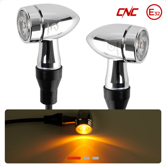 evermotor Chrom Motorrad Blinker LED Bullet, 2/4 Stück, E-geprüft E32, CNC-Aluminium, 12V – Varianten: Amber, Amber&Rot 3in1 (Blinker+Rücklicht+Bremslicht), Amber&Weiß 2in1