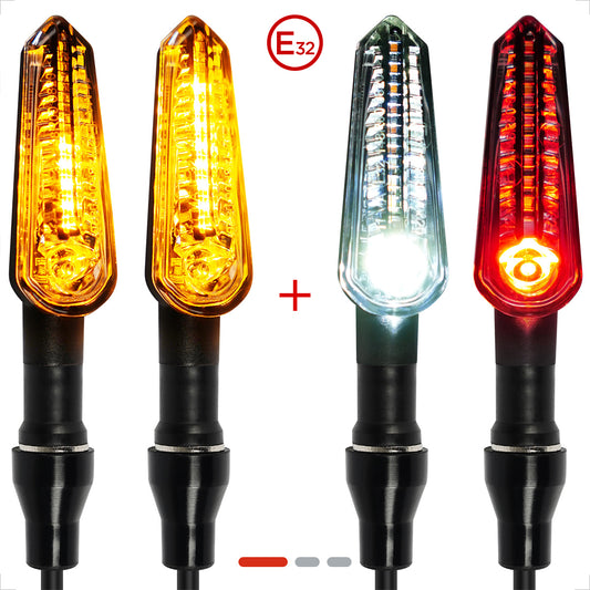 evermotor LED Blinker Motorrad e-geprüft, 12V, 2x bernsteinfarbenes Blinklicht & weißes Positionslicht + 2x bernsteinfarbenes Blinklicht & rotes Rücklicht, M8-Gewindebolzen