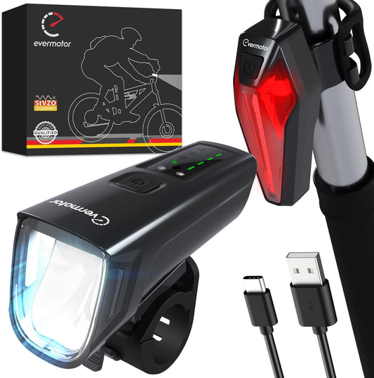 Evermotor LED Fahrradlicht Set, StVZO-Zugelassen Fahrradlampe Licht + Rücklicht Fahrrad, USB C Aufladbar Fahrradbeleuchtung Zubehör, Lange Laufzeit Mountainbike Lichter Kit für Kinder und Erwachsene