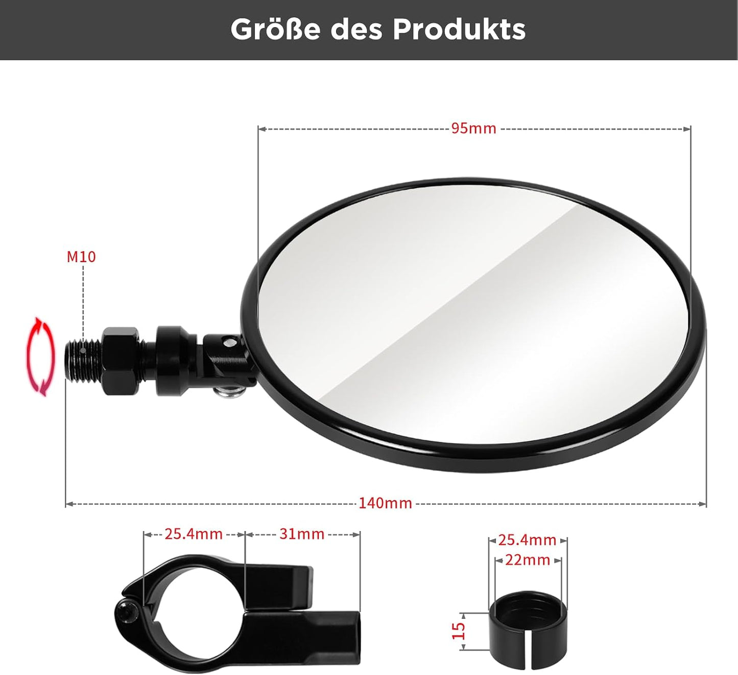 evermotor Motorrad Spiegel, E24, Ø95 mm, CNC Aluminium, 360° verstellbar, Lenker Spiegel mit Klemme, für 22 mm & 25,4 mm Lenker ohne Demontage, 1 Stück