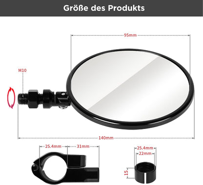 evermotor Motorrad Spiegel, E24, Ø95 mm, CNC Aluminium, 360° verstellbar, Lenker Spiegel mit Klemme, für 22 mm & 25,4 mm Lenker ohne Demontage, 1 Stück