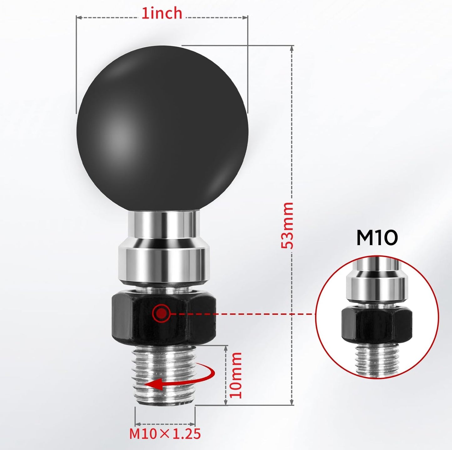 1 Zoll Motorrad Ball Mount Adapter, M10 x 1,25 Gewindepfosten, TPU-rutschfest Rückspiegel Schraube Kugelkopf, für Actionkamera, Camcorder