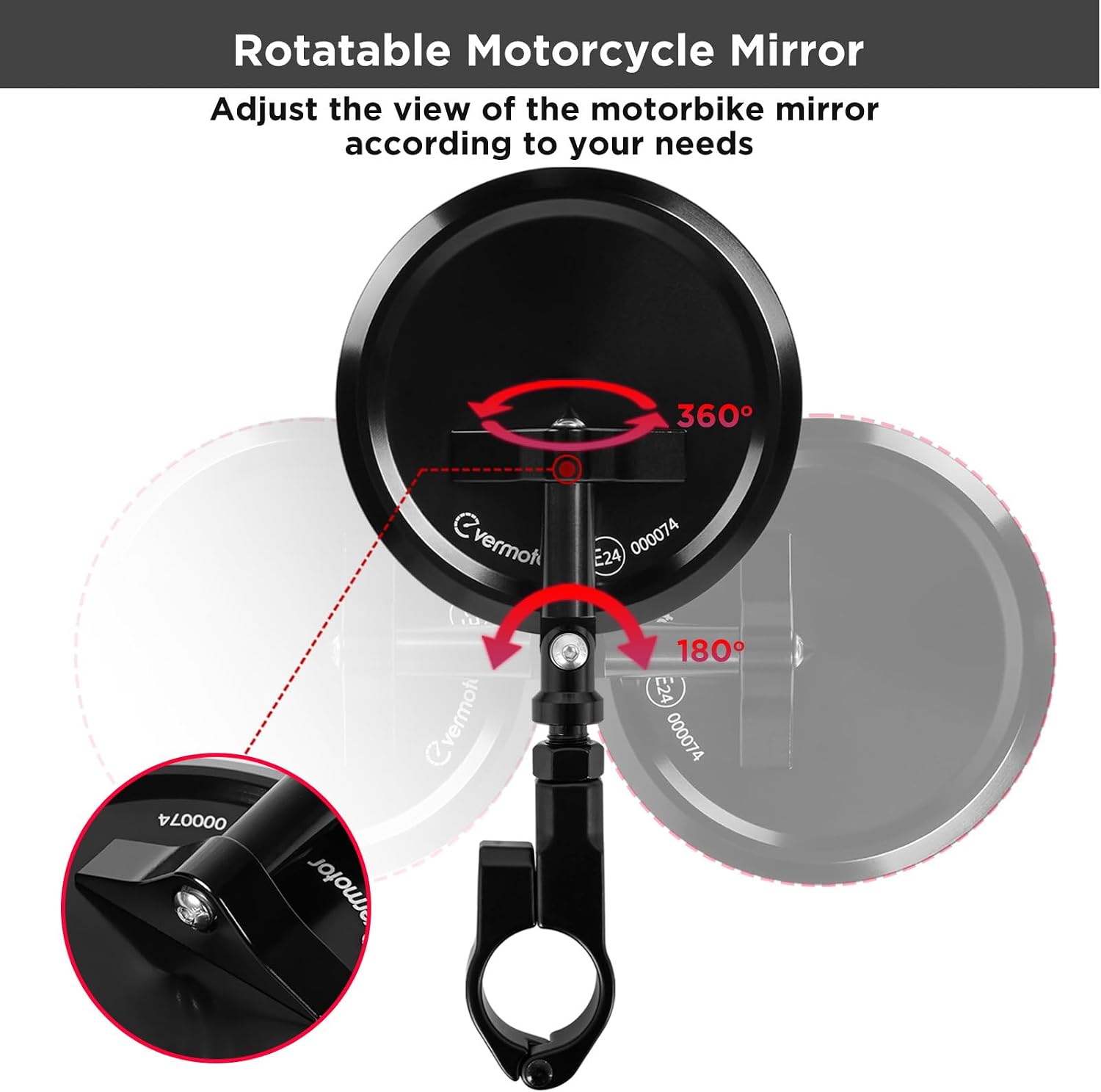 evermotor Motorrad Spiegel, E24, Ø95 mm, CNC Aluminium, 360° verstellbar, Lenker Spiegel mit Klemme, für 22 mm & 25,4 mm Lenker ohne Demontage, 1 Stück
