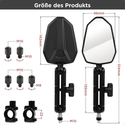 evermotor E-geprüft Motorradspiegel 360° Verstellbar mit Doppelgelenk – Stoßfeste Rückspiegel Set M8/M10, Universell für Motorrad, ATV, Moped, Quad und Adventure/Enduro (2 Stück)