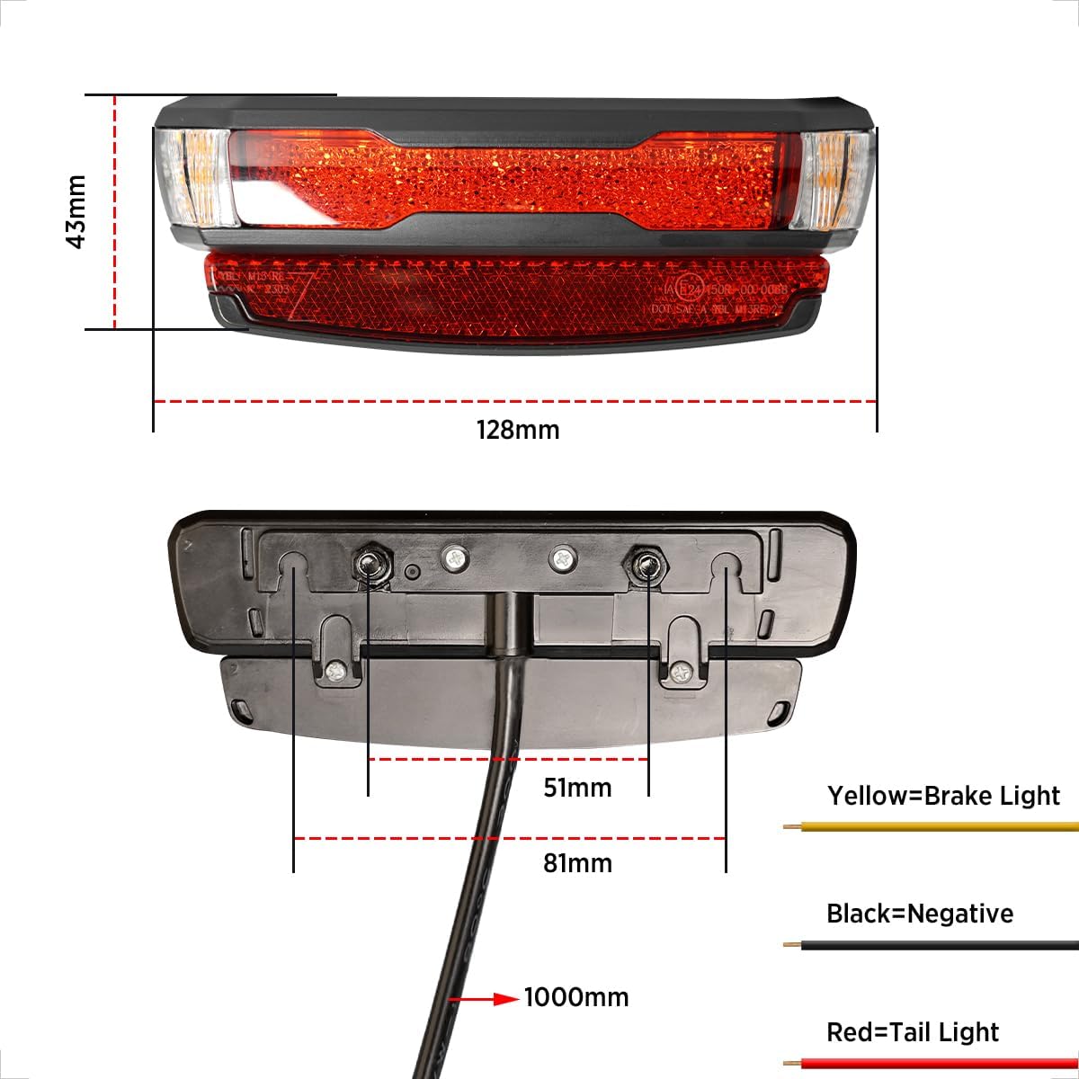 evermotor 6-58V LED Rücklicht Motorrad, StVZO Zugelassen Fahrrad Bremslicht mit Reflektor für Hinten Gepäckträger 50/80mm, 1000mm Kabel, K-mark, E24 E-geprüft, IPX67 Wasserdicht