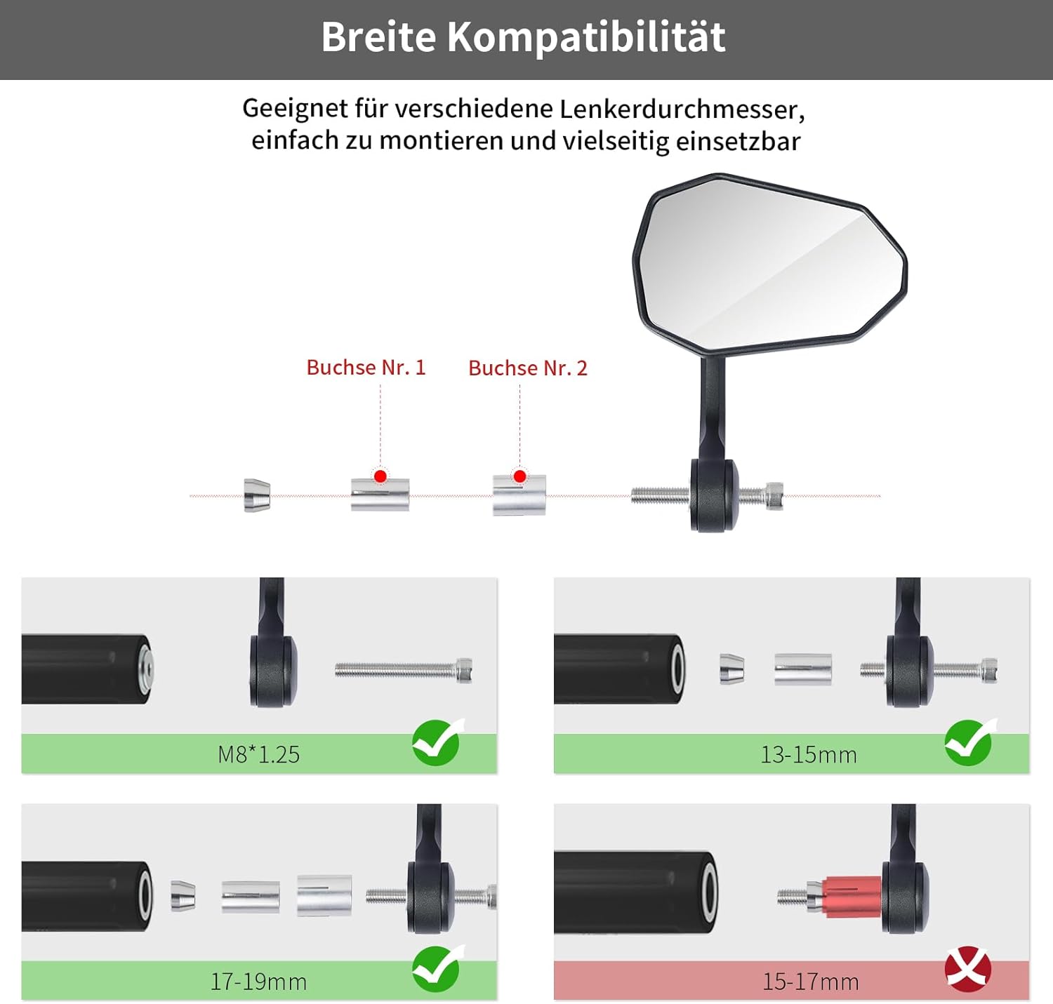 evermotor Motorrad Lenkerendenspiegel, Motorrad Spiegel E-geprüft, 360° Drehbar, für M8-Gewinde & Lenker Ø 13–15 mm und 17–19 mm, Aluminium, Matt Schwarz, Paar
