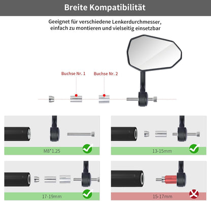 evermotor Motorrad Lenkerendenspiegel, Motorrad Spiegel E-geprüft, 360° Drehbar, für M8-Gewinde & Lenker Ø 13–15 mm und 17–19 mm, Aluminium, Matt Schwarz, Paar