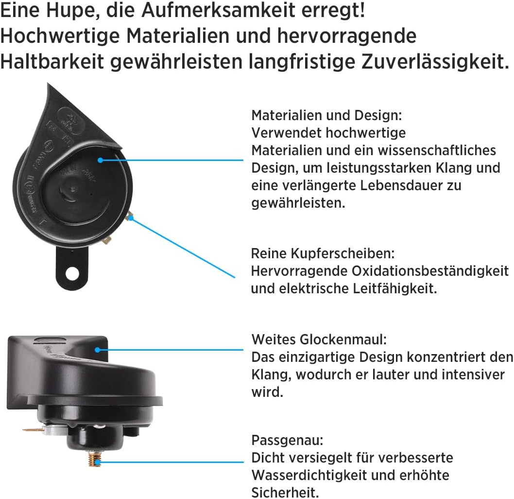 E-geprüfte Hupe 12V 118dB Universal, Auto Motorrad Horn 500Hz