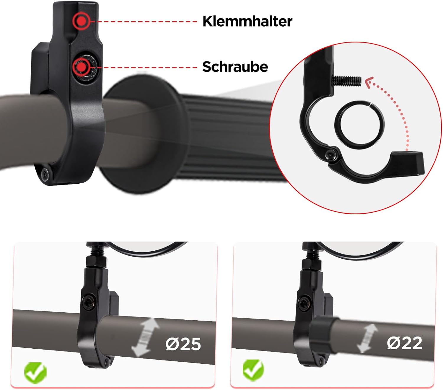 evermotor, Motorrad Spiegelhalterung 2 Stück, Aluminium Lenkerhalterung für Rückspiegel, passend für 22 mm / 25 mm Lenker, Schwarz